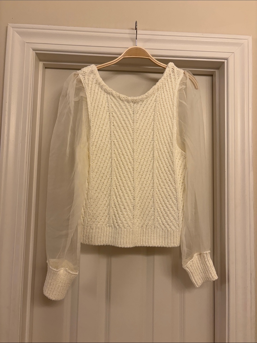Anthropologie Cream Cable Knit Sweater with Sheer Chiffon Sleeves